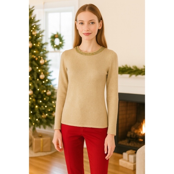 J. MCLAUGHLIN Metallic Gold Beaded Neckline Pullover Sweater Beading X-Small - Picture 1 of 11